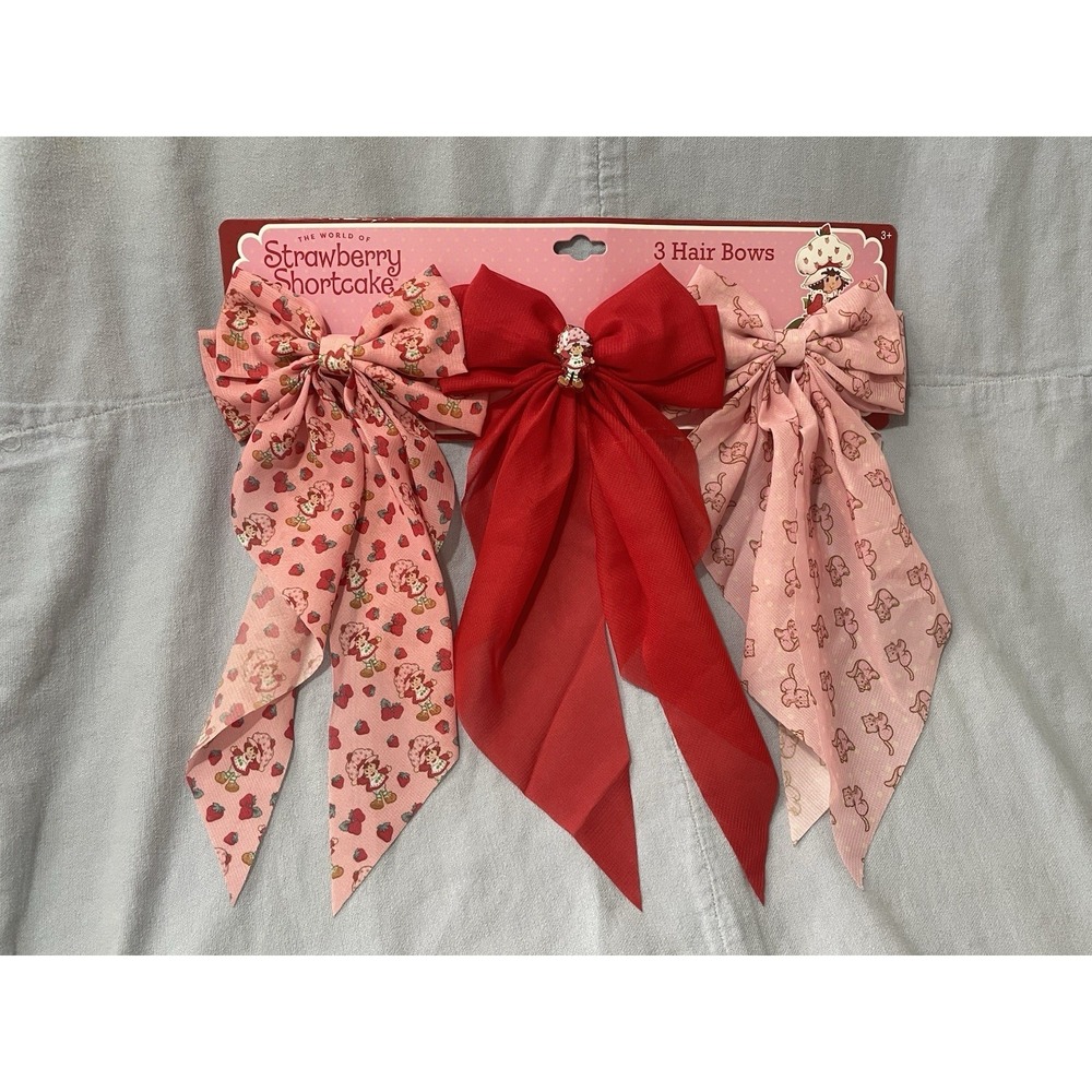 NEW The World of Strawberry Shortcake Set of 3 Adorable Girl's Long Hair Bows